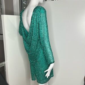 Black Tie Sz 6 Green Fully Beaded Silk Cocktail Dress with Scoop Cowl Back